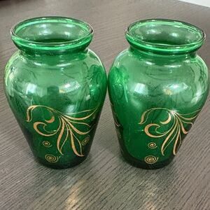 Elegant Green Glass Vases with Gold Accents